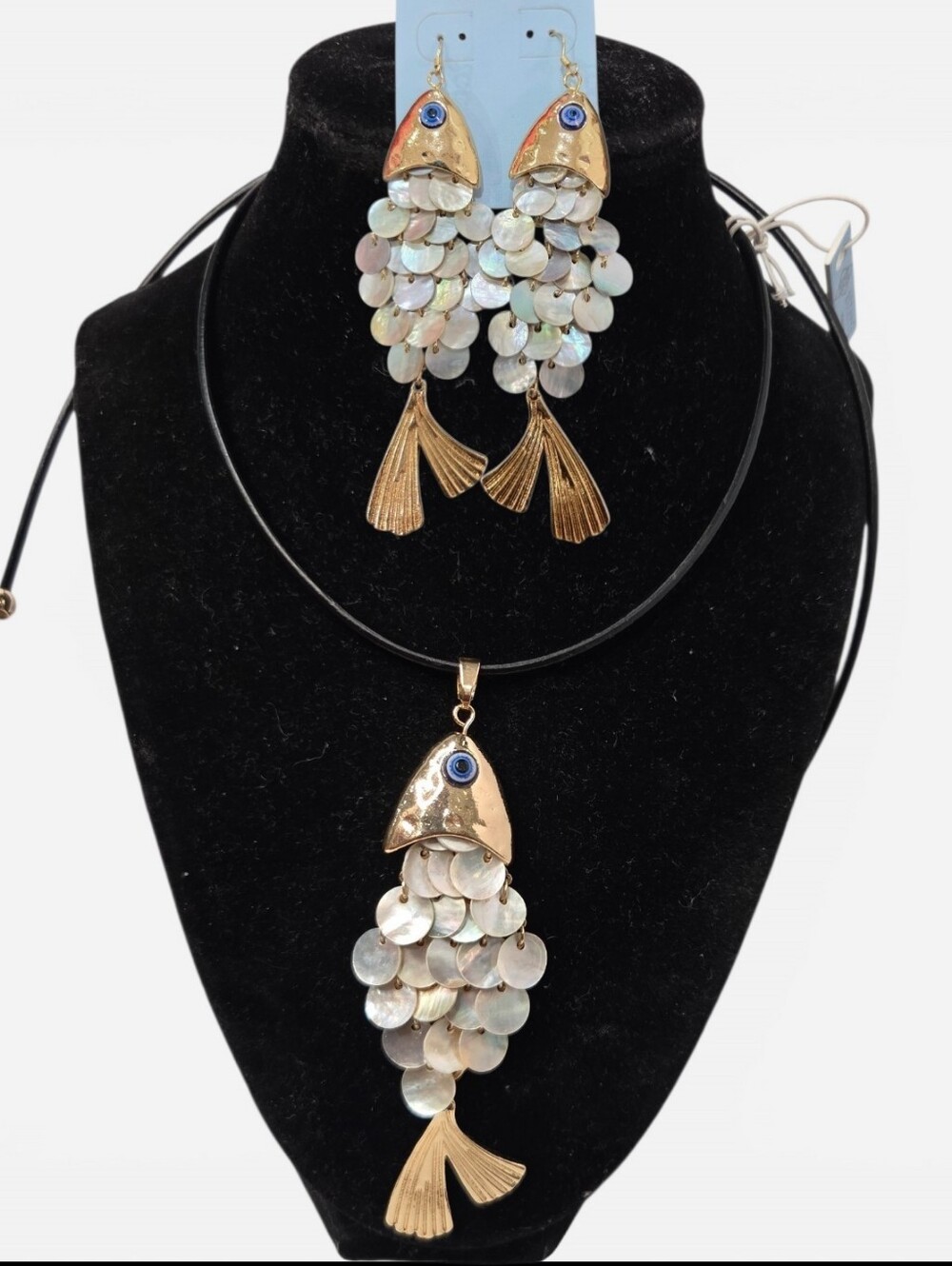 💛▪️Atterri ▪️Gold-Tone Genuine Leather Shell Fish Pendant Necklace Earrings Set